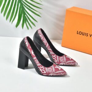 Louis Vuitton Women's Pumps 10cm – Red Monogram Canvas with Black Leather Block Heel
