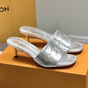 Louis Vuitton Women's Silver Leather Sandals with Open Toe, 5.5cm Heel, Original Box