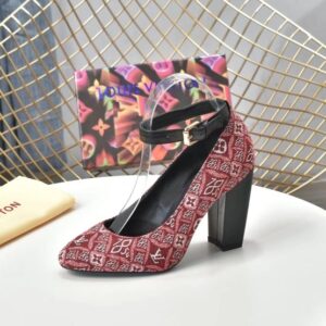 Louis Vuitton Women's Pumps 9.5cm – Red Monogram Design with Block Heel