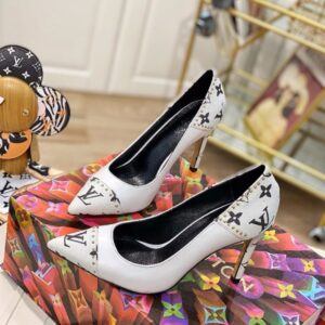 Louis Vuitton Women's White Pumps 9.5cm with LV Pattern Elegant Leather Footwear