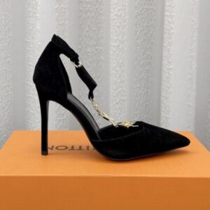 Louis Vuitton Women's Black Suede Pumps with Chain Strap, 10cm Heel, Original Box