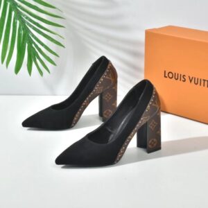 Louis Vuitton Women's Pumps 10cm – Black Suede with Monogram Studded Block Heel