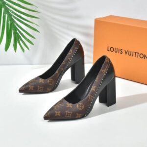 Louis Vuitton Women's Pumps 10cm – Monogram Design with Studded Detailing and Block Heel