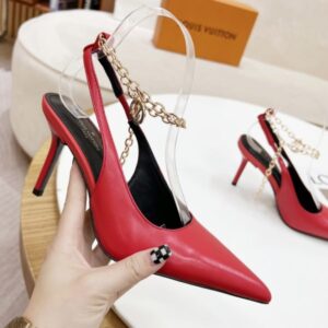 Louis Vuitton Women's Red Leather Pumps with 8cm Heel and Chain Detail, Original Box Included