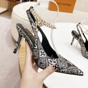 Louis Vuitton Women’s Black and White Monogram Pumps with 8cm Heel and Chain Detail