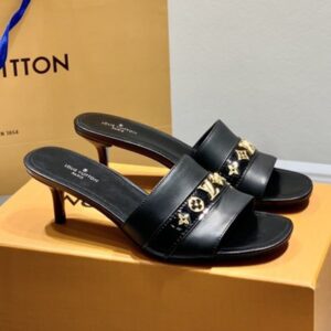 Louis Vuitton Women's Black Leather Mules with 5.5cm Heel and Monogram Strap