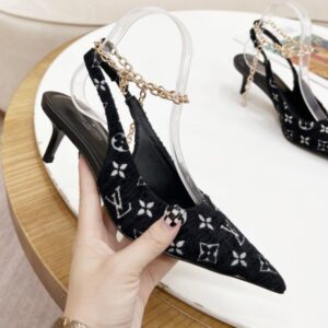 Louis Vuitton Women’s Black Velvet Monogram Pumps with 5cm Heel and Chain Detail