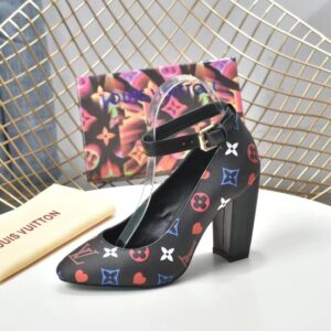 Louis Vuitton Women's Pumps 9.5cm – Black Multicolor Monogram Design with Block Heel