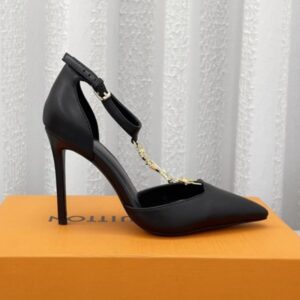 Louis Vuitton Women's Black Leather Pumps with Chain Strap, 10cm Heel, Original Box