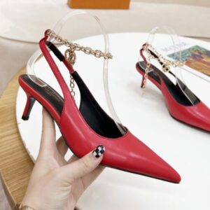 Louis Vuitton Women's Red Leather Pumps with 5cm Heel and Chain Detail