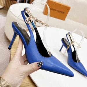 Louis Vuitton Women's Blue Leather Pumps with 8cm Heel and Chain Design, Original Box Included
