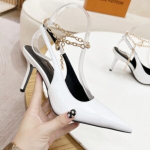 Louis Vuitton Women's White Leather Pumps with 8cm Heel and Chain Detail