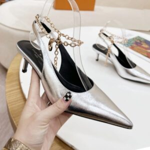 Louis Vuitton Women’s Silver Leather Pumps with Chain Strap, 5cm Heel, Original Box