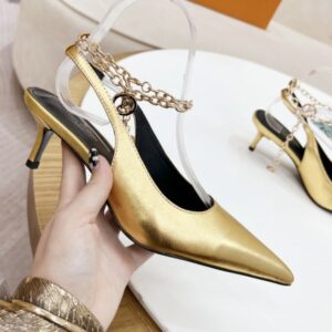 Louis Vuitton Women’s Gold Leather Pumps with 5cm Heel and Chain Detail – Fashion Sandals